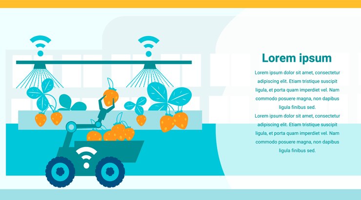 Vector berry harvesting machine gathers strawberries.