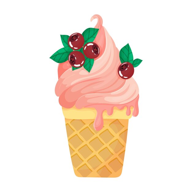 Berry ice cream in a waffle cup Sweets Beach vacation accessories Summer weekend Vector illustration isolated on white background