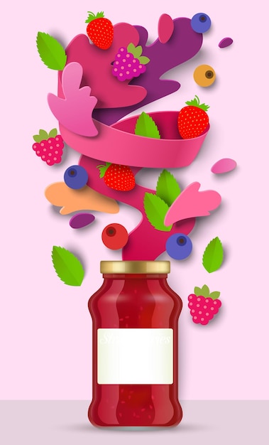 Berry jam verpakking glazen pot, papier gesneden ambachtelijke stijl verse aardbeien, frambozen, bosbessen, vloeibare spatten en druppels, vectorillustratie. gezonde fruitconserven.