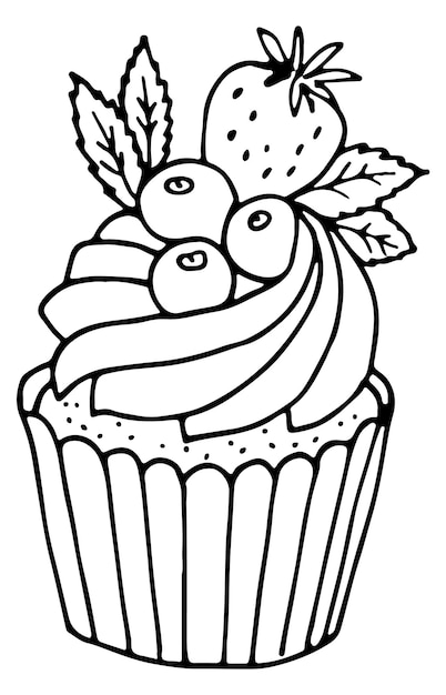Icona del muffin ai frutti di bosco schizzo del dessert della linea nera