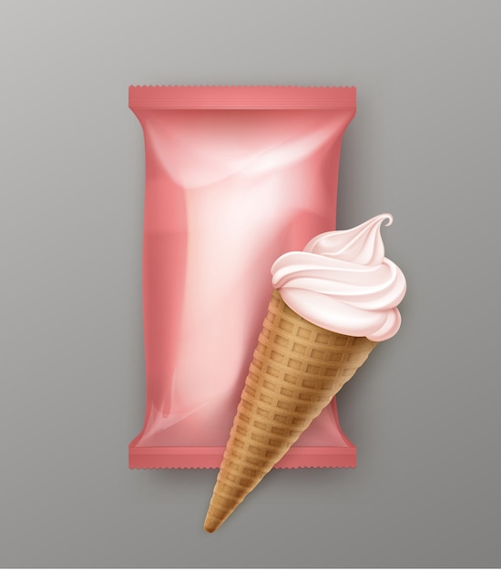 Cono di cialda gelato berry soft serve con involucro di pellicola di plastica rosa chiaro per pacchetto di branding da vicino sullo sfondo