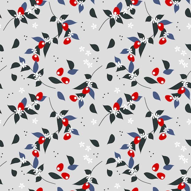 Vector berry and tiny flower seamless pattern.