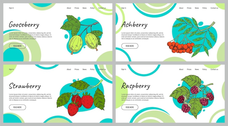 Vector berry web banner gooseberry and ashberry colorful sketch on abstract background strawberry and raspberry website design healthy food ingredient fresh organic fruit vector illustration