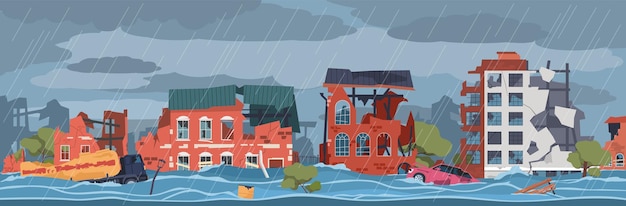 Vector beschadigd stadslandschap wereldwijde overstromingen stadsbeeld beschadigd huis gevels natuurramp water ramp illustratie stedelijke constructies ruïnes panorama vector cartoon plat concept