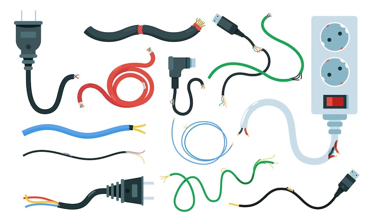 Vector beschadigde elektrische kabels elektrisch bedradingscircuit met kapotte isolatie-energiegeleider en spanningsvezel vector geïsoleerde set kabel elektrische illustratie