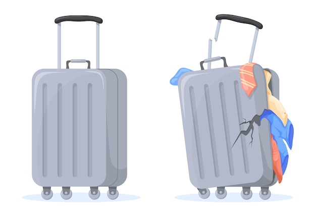 Beschadigde koffer Gescheurde vakantiebagage bagage luchthavenuitwisseling cartoon reistas verloren plastic koffers met kleding kapotte rugzak vernietigd geval nette vectorillustratie