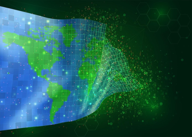 Bescherming van de aarde op vector 3d-vlag op groene achtergrond met veelhoeken en gegevensnummers