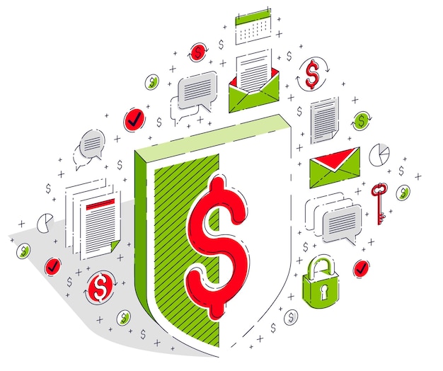 Bescherming van financiën concept, financiële veiligheid, reddingsboei en schild geïsoleerd op een witte achtergrond. vector 3d isometrische bedrijfsillustratie met pictogrammen, statistieken grafieken en ontwerpelementen.