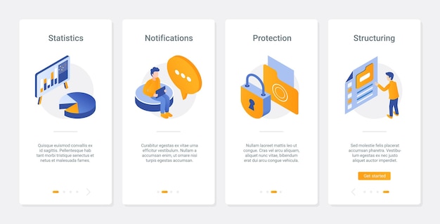 Bescherming van persoonlijke gegevenstechnologie UX, UI onboarding mobiele app-paginaschermset
