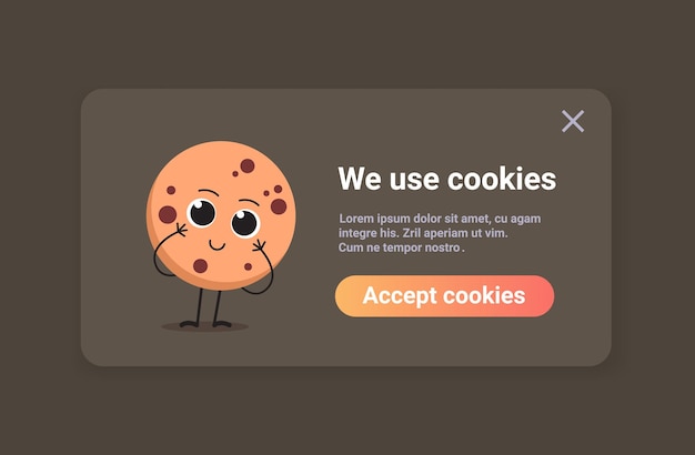 Bescherming van persoonlijke informatie cookie mascotte karakter met internet web pop-up we gebruiken cookiebeleid kennisgeving