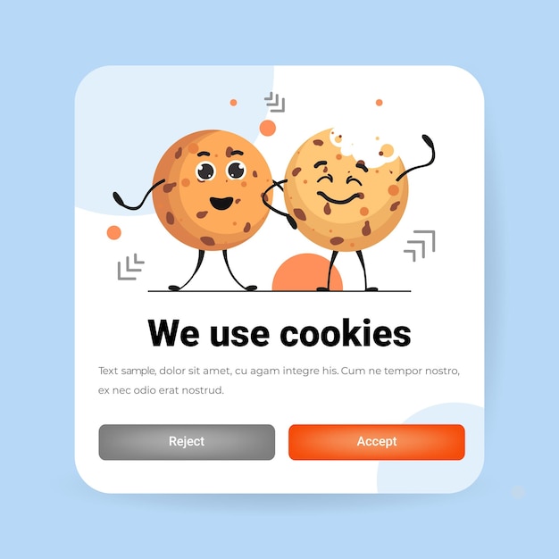 Bescherming van persoonlijke informatie cookie-mascottekarakters met internetweb-pop-up, we gebruiken melding van cookiesbeleid