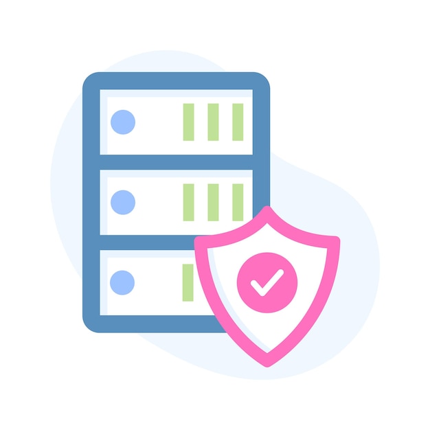 Beschermingsschild met database-servers met concept plat icoon van beveiligde server database beveiliging