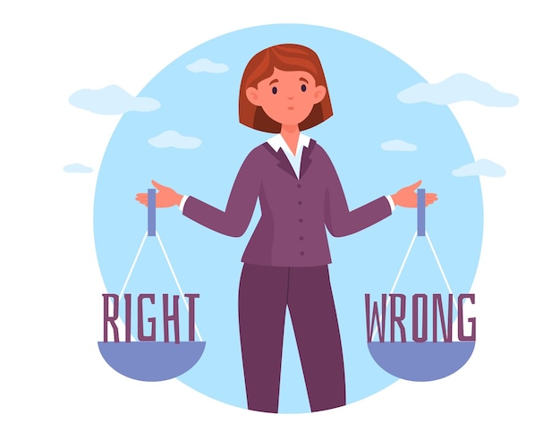 Beslissingsproces goed of verkeerd keuze tussen twee opties eerlijkheid en moreel principe Vrouw houdt weegschaal probleemoplossing positief en negatief waarheid en leugens vector concept