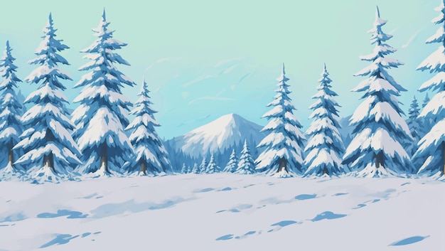 Vector besneeuwd berglandschap met pijnbomen hand getrokken schilderij illustratie