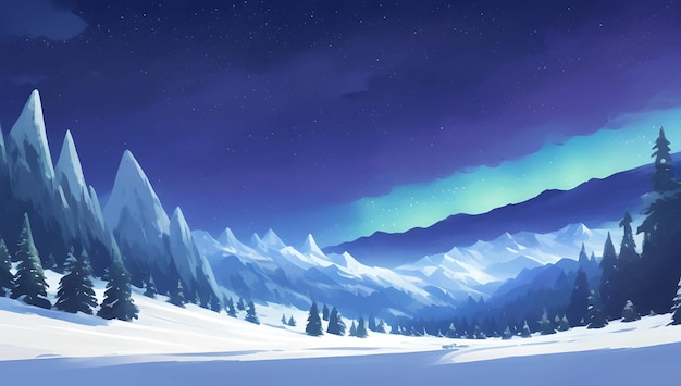 Besneeuwde bergen en heuvellandschap tijdens de nacht met prachtige gloeiende auroralichten Gedetailleerde handgetekende schilderijillustratie