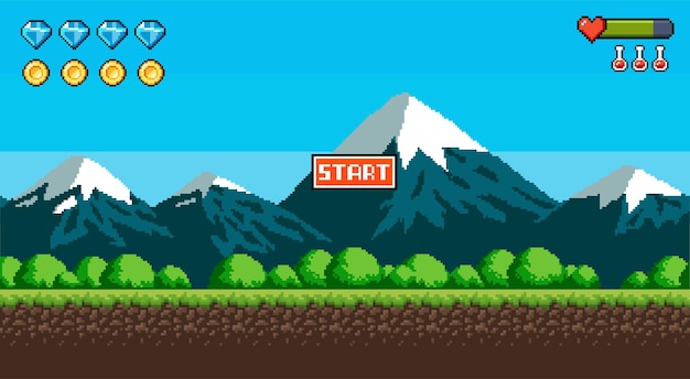 Besneeuwde bergen sparren en een sterrenhemel Pixel art game locatie 8 bit retro-stijl achtergrond