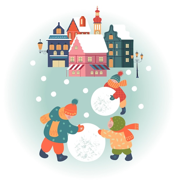 Vector besneeuwde dag in gezellige kerststad winterkerstdorp dag landschap kinderen maken een sneeuwpop
