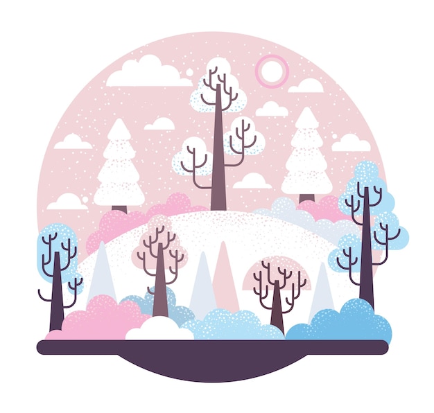 Besneeuwde heuvel met bomen en sparren winter vector cartoon illustratie