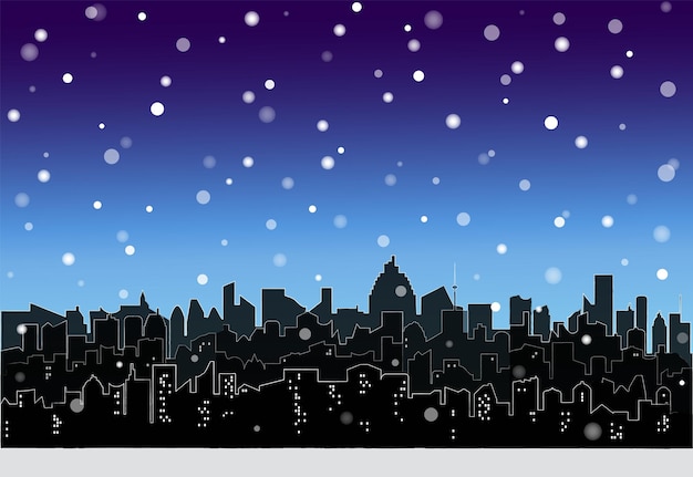 Besneeuwde landschap van de moderne stad Nacht skyline behang met sneeuwvlokken Winter stadsgezicht silhouet