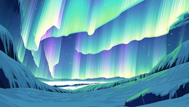 Vector besneeuwde landschapsmening achter rots met noorderlicht aurora handgetekende schilderij illustratie