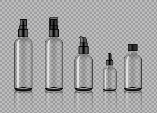 Bespotten van realistisch transparant cosmetisch glasflessenproduct