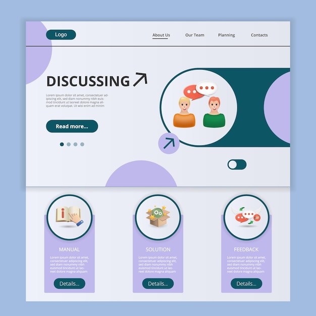 Bespreken van platte bestemmingspagina website sjabloon handmatige oplossing feedback webbanner met koptekst