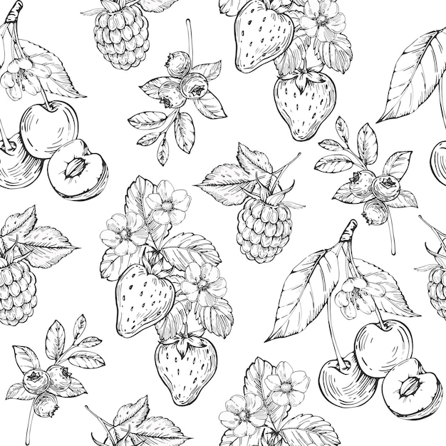 Bessen vector naadloos patroon met de hand getekend in inkt aardbeien kersen framboos en bosbessen