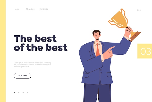 Best of the best landing page design template with business man holding golden trophy cup in hand