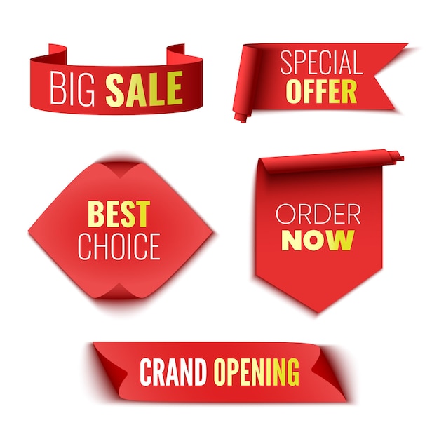 Best choice order now special offer grand opening and big sale banners red ribbons tags and sti