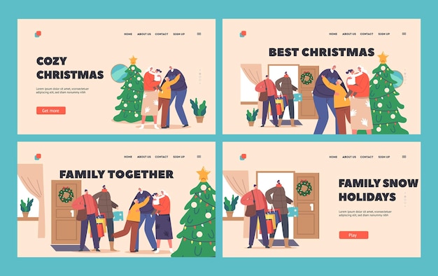 Best Christmas Landing Page Template Set People Visit Old Parents House Happy Family Characters Visit Grandparents