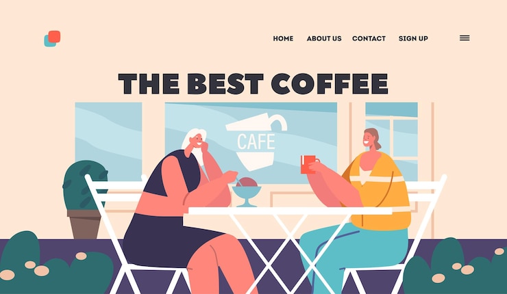 Vector the best coffee landing page template women friends couple chat and laugh while enjoying coffee and snacks
