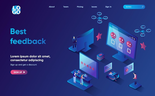 Best feedback concept 3d isometric web landing page people leave positive reviews on websites