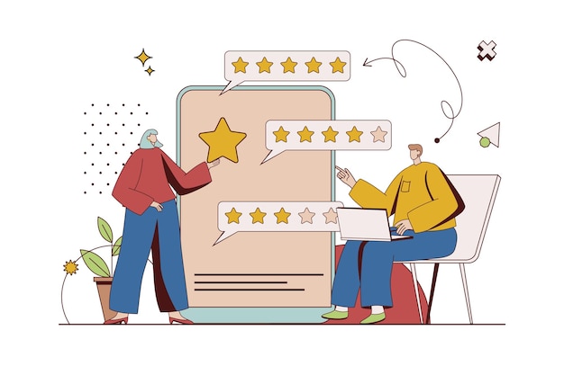 Vector best feedback concept with character situation in flat design man and woman giving high rating stars and writing reviews with their positive experience vector illustration with people scene for web