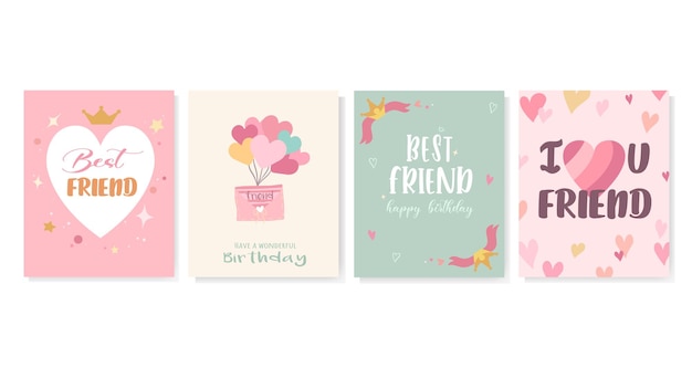 Best friend birthday card set hand drawn illustration Cards in pastel colors with a heart crown balloons and text