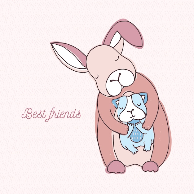 Vector best friends card. colorful hand drawn illustration with rabbit and cavy.