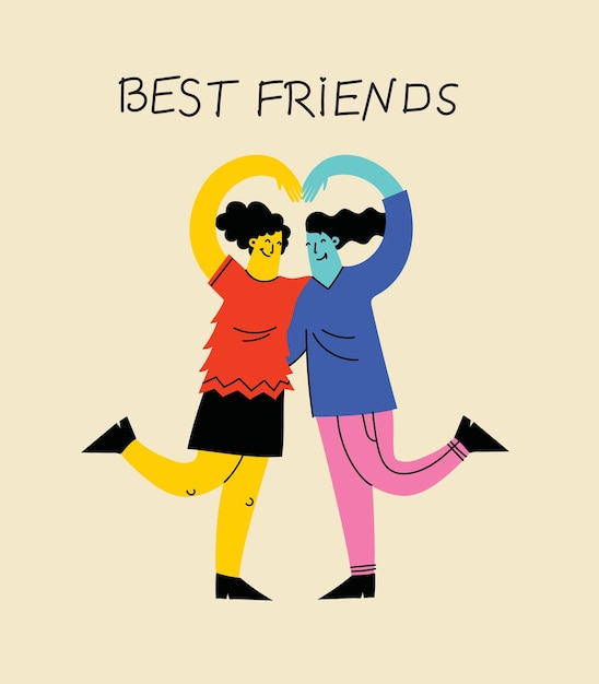 Best friends cocept illustration Vector illustration of multicultural girls and multicultural friendship Happy friendship day Teenage girl friends hugging and having fun