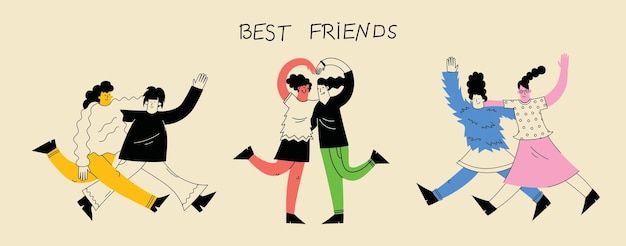 Иллюстрация коцепта лучших друзей векторная иллюстрация мультикультурных девушек и мультикультурной дружбы счастливый день дружбы подружки-подростки обнимаются и веселятся