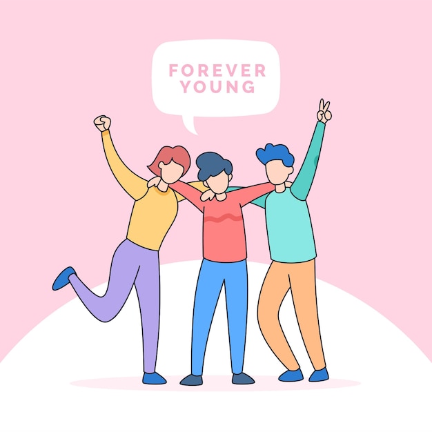 Лучшие друзья навсегда группа подростков люди обнимаются вместе для счастливой дружбы день молодежи иллюстрация