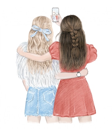 Premium Vector | Best friends forever. two girls having fun, making selfie.  hand drawn illustration, vector traced.
