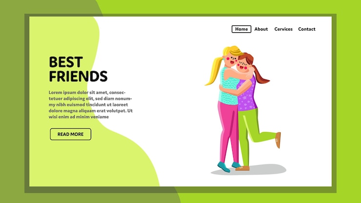 Vector best friends girls meeting and embracing vector. happy cute women best friends couple hugging together, having fun time. characters friendship with positive emotions web flat cartoon illustration