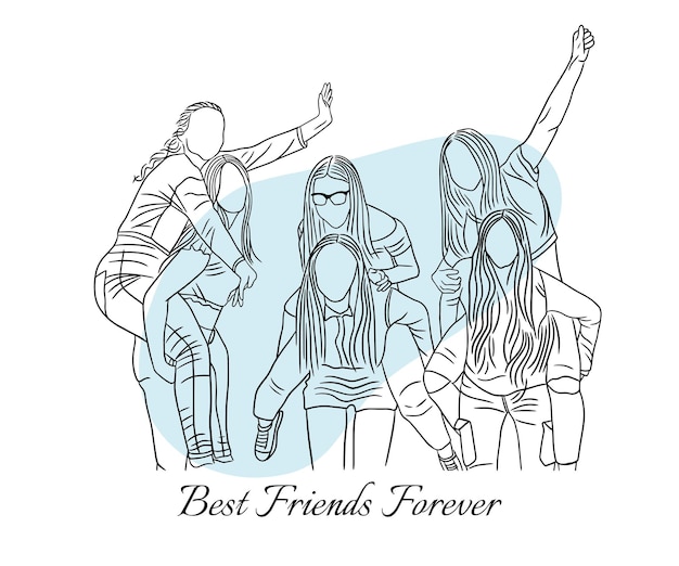 Vector best friends happy women girls line arts style hand drawn illustration colorless