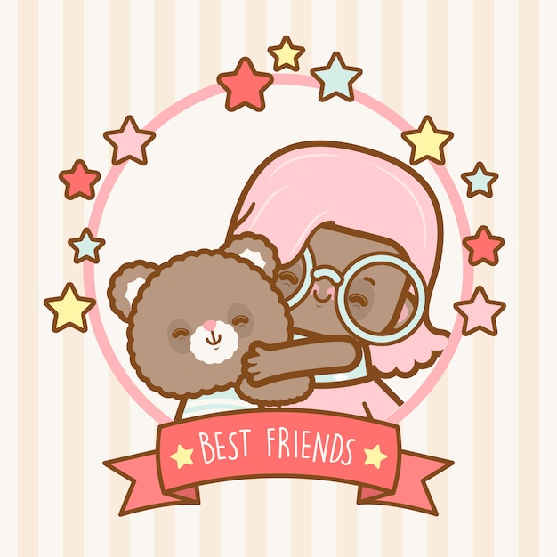 Best friends kawaii girl and teddy bear