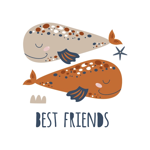 두 마리의 고래가 있는 가장 친한 친구 포스터 우정의 날 카드 영감을 주는 인용문 디자인 인쇄 벡터용 그림