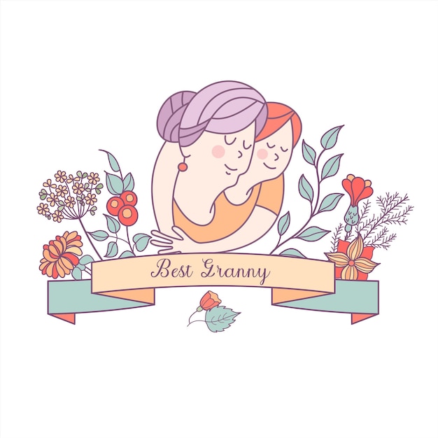 The best granny. grandmother and granddaughter. vector postcard.