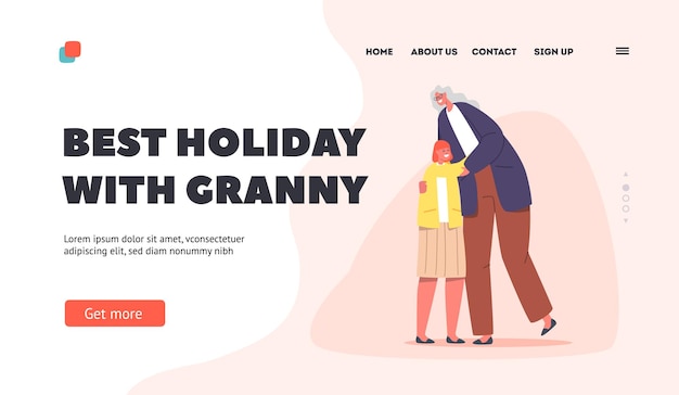 Best Holiday with Granny Landing Page Template Cheerful Grandmother Hug Little Girl Granny Comforting Granddaughter