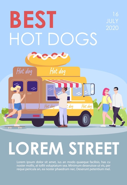 Vector best hot dogs brochure template. street food sailing vehicle. flyer, booklet, leaflet concept with flat illustrations. vector page layout for magazine. advertising invitation with text space