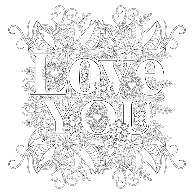 Best Love word flower mandala coloring page