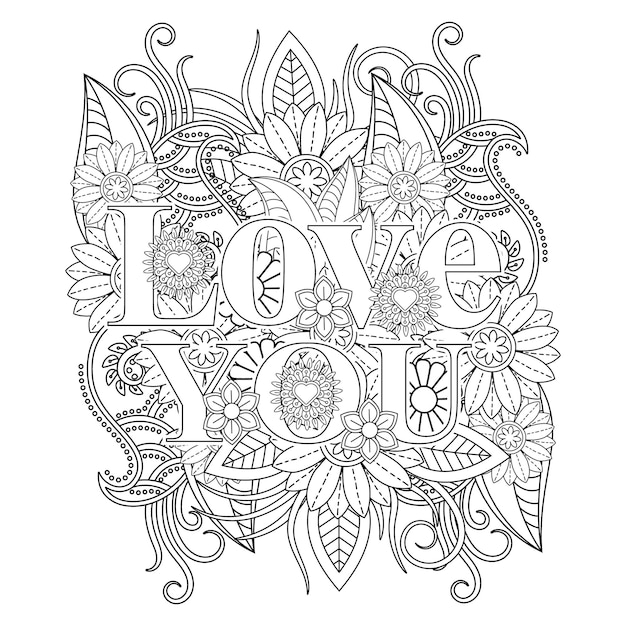 Best Love word flower mandala coloring page