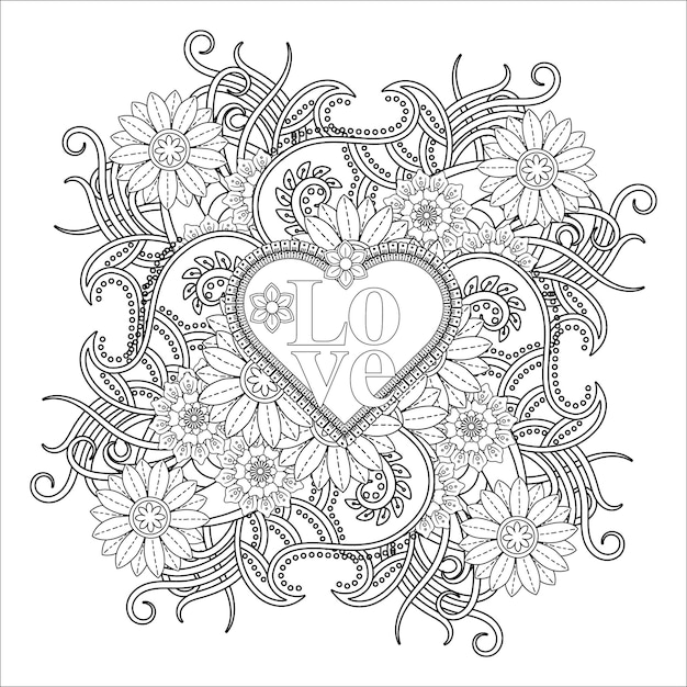 Best Love word flower mandala coloring page