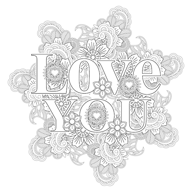 Vector best love word flower mandala coloring page